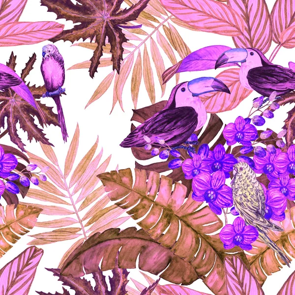 Padrão Sem Costura Aquarela Com Flores Tropicais Folhas Pássaros Impressão — Fotografia de Stock