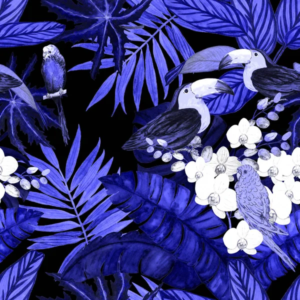 Akvarell Zökkenőmentes Minta Trópusi Virágok Levelek Madarak Monokróm Hawaii Nyári — Stock Fotó