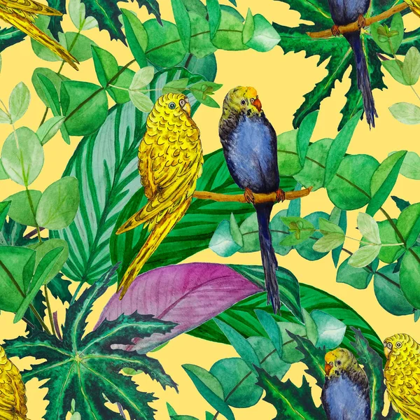 Tropische Naadloze Patroon Met Aquarel Jungle Gebladerte Budgies Hawaiiaanse Zomer — Stockfoto