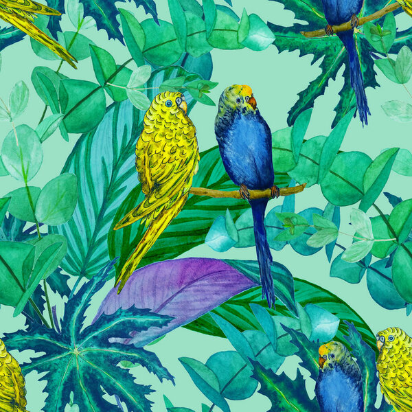 Tropical seamless pattern with watercolor jungle foliage and budgies. Hawaiian summer tropical illustration. Exotic natural print.