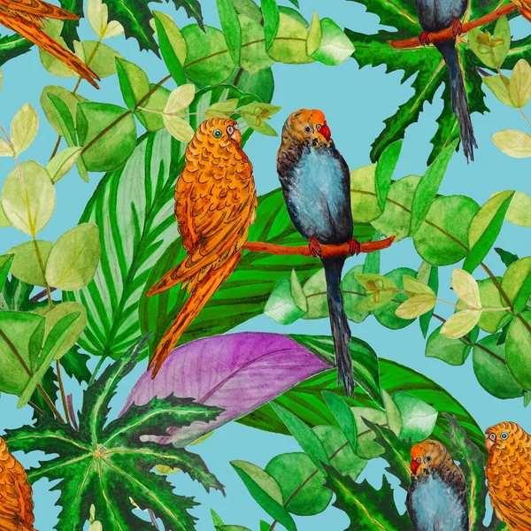 Tropiskt Sömlöst Mönster Med Akvarellbladen Och Knoppar Hawaii Sommar Tropisk — Stockfoto
