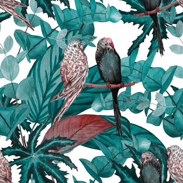 Tropical Seamless Pattern Watercolor Jungle Foliage Budgies Hawaiian Summer Tropical — Stock Photo, Image