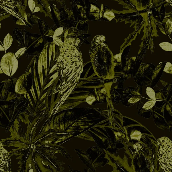 Tropisch Naadloos Patroon Met Aquarel Jungle Bladeren Papegaaien Hawaiiaanse Zomer — Stockfoto