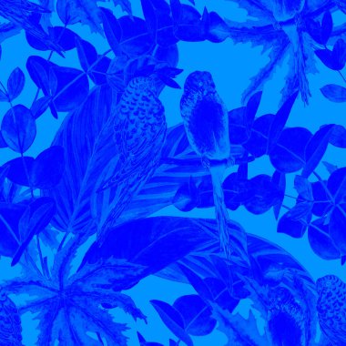 Suluboya orman yaprakları ve papağanları olan tropik, pürüzsüz bir desen. Hawaii yaz egzotik baskısı. Tek renkli el çizimi illüstrasyonu.