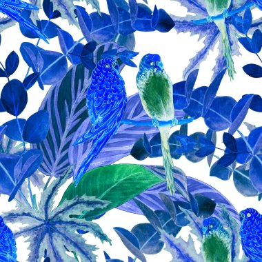 Suluboya orman yaprakları ve muhabbet kuşlarıyla tropik, pürüzsüz bir desen. Hawaii yaz tropik illüstrasyonları. Egzotik doğal baskı..