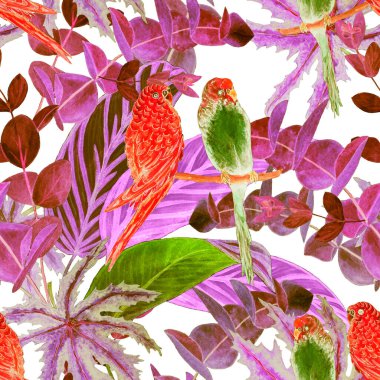 Suluboya orman yaprakları ve muhabbet kuşlarıyla tropik, pürüzsüz bir desen. Hawaii yaz tropik illüstrasyonları. Egzotik doğal baskı..