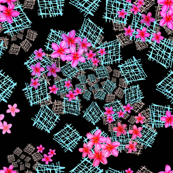Abstract watercolor seamless pattern with flowers on grid spiral  background. Vintage summer print.