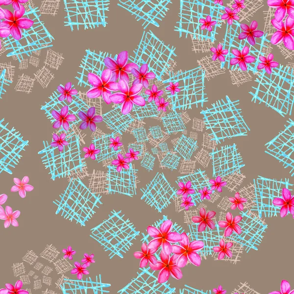 Abstract watercolor seamless pattern with flowers on grid spiral  background. Vintage summer print.