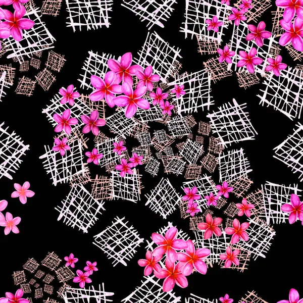 Abstract watercolor seamless pattern with flowers on grid spiral  background. Vintage summer print.