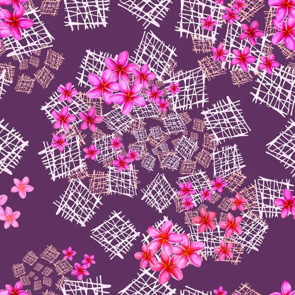 Abstract watercolor seamless pattern with flowers on grid spiral  background. Vintage summer print.