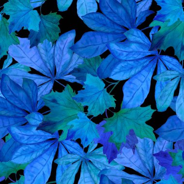 Süslü ve suluboya yaprakları siyaha dökülen desenler. Güzel, doğal sonbahar baskısı. Renkli el çizimi illüstrasyon.