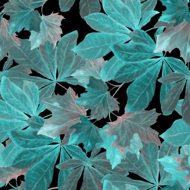 Süslü ve suluboya yaprakları siyaha dökülen desenler. Güzel, doğal sonbahar baskısı. Renkli el çizimi illüstrasyon.