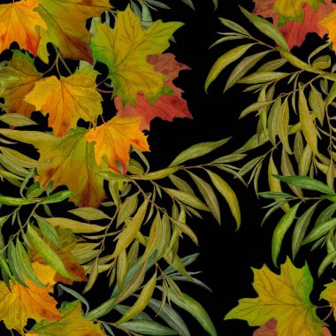 Süslü ve suluboya yaprakları siyaha dökülen desenler. Güzel, doğal sonbahar baskısı. Renkli el çizimi illüstrasyon.