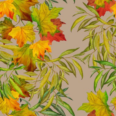 Suluboya yaprakları dökülen güzel, pürüzsüz desen. Güzel, doğal sonbahar baskısı. Renkli el çizimi illüstrasyonu.