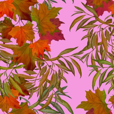 Suluboya yaprakları dökülen güzel, pürüzsüz desen. Güzel, doğal sonbahar baskısı. Renkli el çizimi illüstrasyonu.