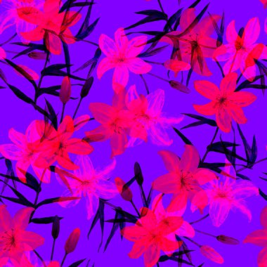 Zambak çiçekli suluboya desenli. Botanik Lily Çiçeği Parmak izi. Çiçekli moda sanatı.