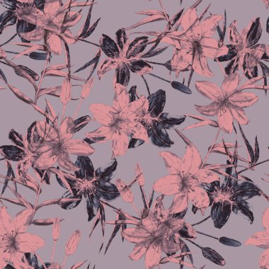 Zambak çiçekli suluboya desenli. Botanik Lily Çiçeği Parmak izi. Çiçekli moda sanatı.