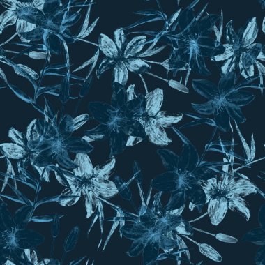 Zambak çiçekli suluboya desenli. Botanik Lily Çiçeği Parmak izi. Çiçekli moda sanatı.