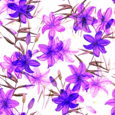 Zambak çiçekli suluboya desenli. Botanik Lily Çiçeği Parmak izi. Çiçekli moda sanatı.