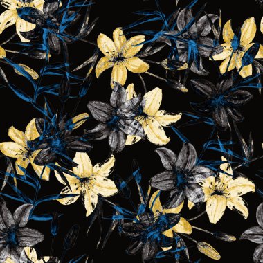 Altın zambak çiçekleriyle suluboya kusursuz desen. Klasik Lily Flower baskısı. Çiçekli moda sanatı.