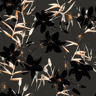 Siyahta zambak çiçekleri olan dikişsiz suluboya deseni. Botanik Lily Çiçeği Yazısı. Çiçekli moda sanatı.