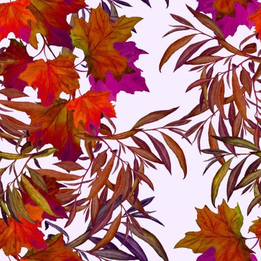 Suluboya yaprakları dökülen güzel, pürüzsüz desen. Güzel, doğal sonbahar baskısı. Renkli el çizimi illüstrasyonu.