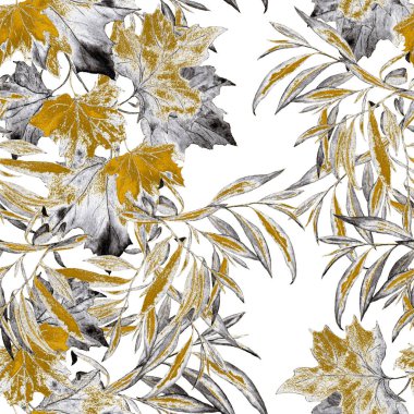 Su boyası dökülen yaprakları olan, kusursuz altın desenli bir desen. Akçaağaç. Kestane rengi. Wilow. Güzel, doğal sonbahar baskısı. Renkli el çizimi illüstrasyonu.