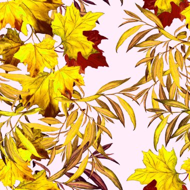Suluboya yaprakları dökülen güzel, pürüzsüz desen. Güzel, doğal sonbahar baskısı. Renkli el çizimi illüstrasyonu.