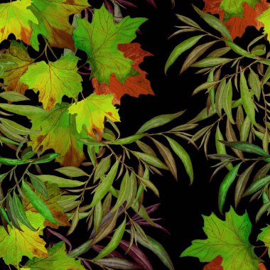 Süslü ve suluboya yaprakları siyaha dökülen desenler. Güzel, doğal sonbahar baskısı. Renkli el çizimi illüstrasyon.