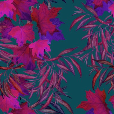 Suluboya yaprakları dökülen güzel, pürüzsüz desen. Güzel, doğal sonbahar baskısı. Renkli el çizimi illüstrasyonu.