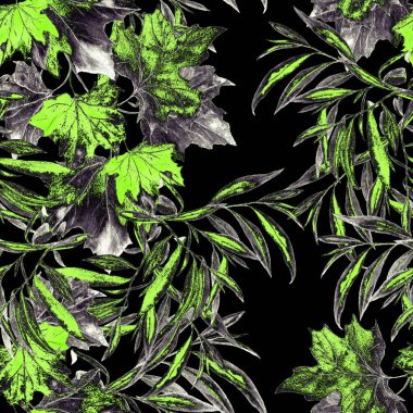 Süslü ve suluboya yaprakları siyaha dökülen desenler. Güzel, doğal sonbahar baskısı. Renkli el çizimi illüstrasyon.