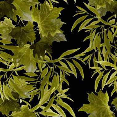 Süslü ve suluboya yaprakları siyaha dökülen desenler. Güzel, doğal sonbahar baskısı. Renkli el çizimi illüstrasyon.