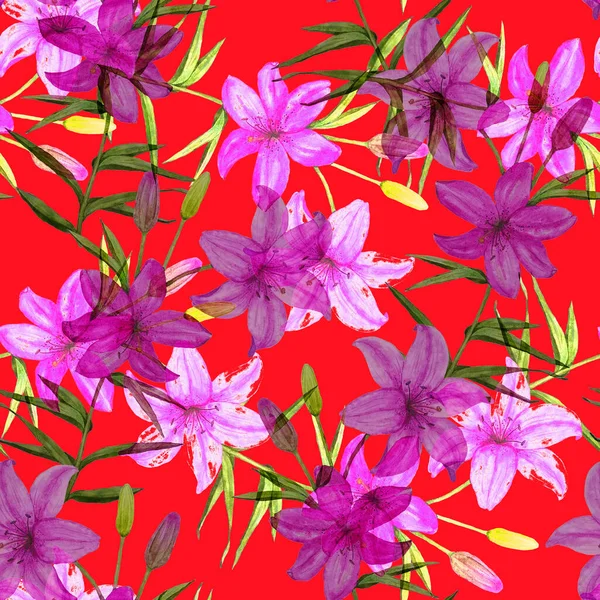ユリの花と水彩シームレスパターン 植物性リリーフラワープリント 花のファッションアート — ストック写真