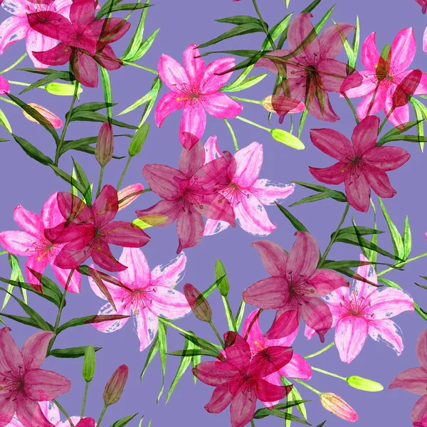 Bezszwowy Wzór Akwareli Kwiatami Lilii Botaniczny Odcisk Kwiatu Lilii Kwiatowa — Zdjęcie stockowe