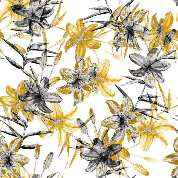 Aquarell Nahtloses Muster Mit Goldenen Lilienblüten Vintage Lily Flower Print — Stockfoto