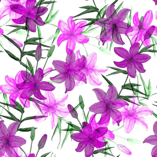 Акварельний Безшовний Візерунок Квітами Лілій Ботанічна Лілія Квітковий Принт Квіткове — стокове фото