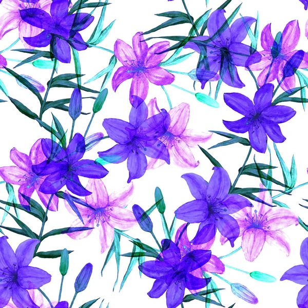 Zambak Çiçekli Suluboya Desenli Botanik Lily Çiçeği Parmak Izi Çiçekli — Stok fotoğraf