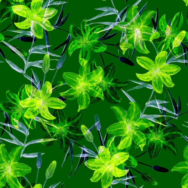 Watercolor seamless pattern with lily flowers. Botanic Lily Flower Print. Floral fashion art.