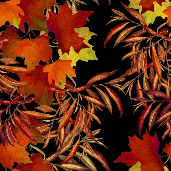 装饰无缝图案 水彩画落叶在黑色上 美丽的天然秋天印刷品 彩色手绘插图 — 图库照片