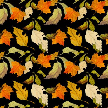 Düşen suluboya yaprakları olan soyut, pürüzsüz bir desen. Güzel, doğal sonbahar baskısı. Renkli el çizimi illüstrasyonu.