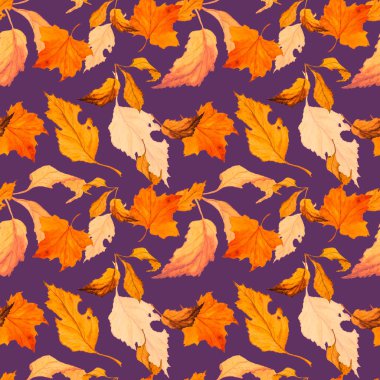Düşen suluboya yaprakları olan soyut, pürüzsüz bir desen. Güzel, doğal sonbahar baskısı. Renkli el çizimi illüstrasyonu.