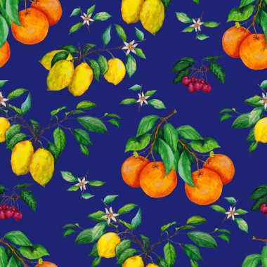 Olgun meyveli sulu boya deseni. Citrus. Kiraz. Güzel bir yaz baskısı. Renkli doğa geçmişi. Yüzey tasarımı.