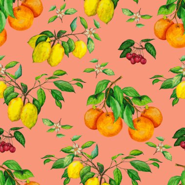 Olgun meyveli sulu boya deseni. Citrus. Kiraz. Güzel bir yaz baskısı. Renkli doğa geçmişi. Yüzey tasarımı.