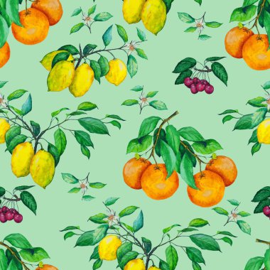 Olgun meyveli sulu boya deseni. Citrus. Kiraz. Güzel bir yaz baskısı. Renkli doğa geçmişi. Yüzey tasarımı.