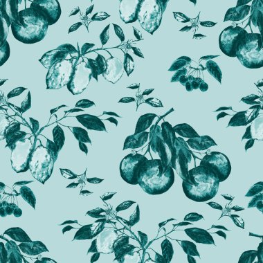Olgun meyveli sulu boya deseni. Citrus. Kiraz. Güzel bir yaz baskısı. Renkli doğa geçmişi. Yüzey tasarımı.