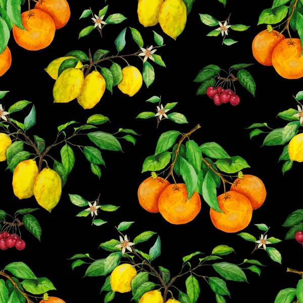 Akvarel Bezešvný Vzor Zralým Ovocem Citrus Cherry Krásný Letní Tisk — Stock fotografie
