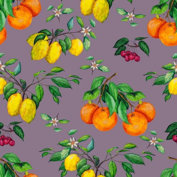 Akvarell Zökkenőmentes Minta Érett Gyümölcsökkel Citrusfélék Cseresznye Gyönyörű Nyári Nyomtatás — Stock Fotó