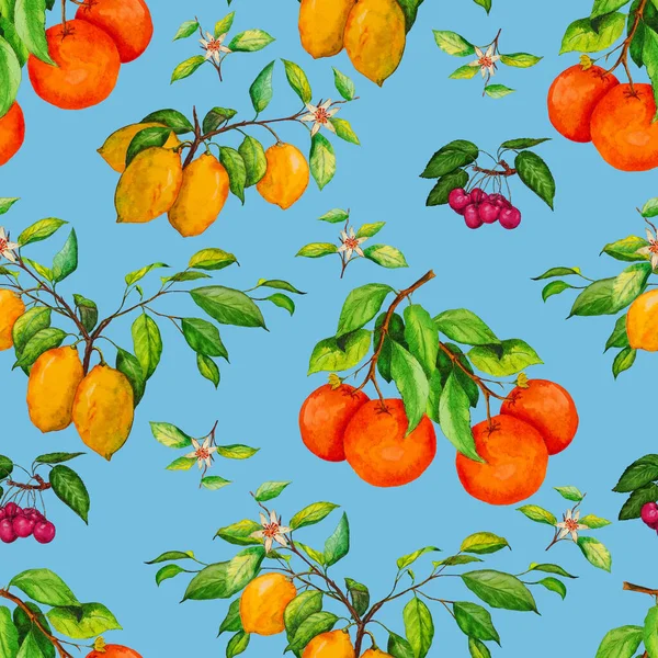 水彩斑斓 果实成熟 柑橘类樱桃 美丽的夏季印刷品 色彩斑斓的自然背景 表面设计 — 图库照片