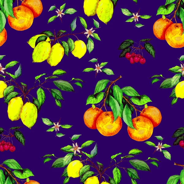 Akvarell Zökkenőmentes Minta Érett Gyümölcsökkel Citrusfélék Cseresznye Gyönyörű Nyári Nyomtatás — Stock Fotó