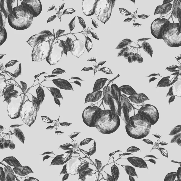 Watercolor Seamless Pattern Ripe Fruits Citrus Cherry Beautiful Summer Print — Stock Photo, Image